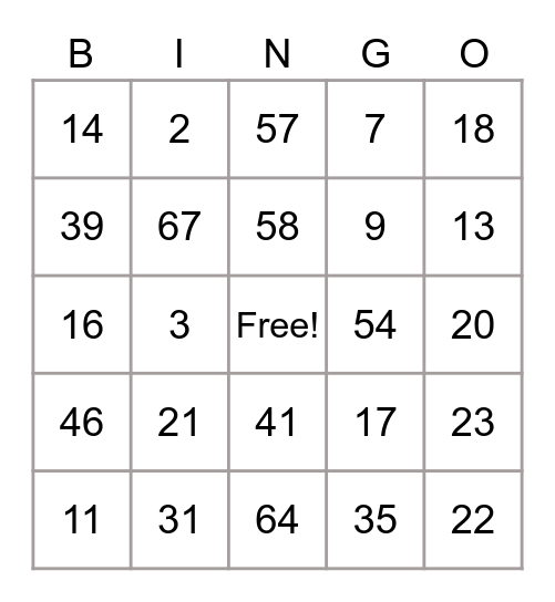 Number Bingo Card
