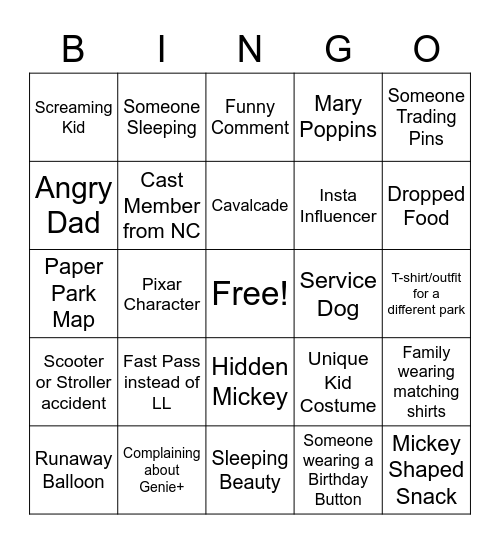 Epcot Bingo Card