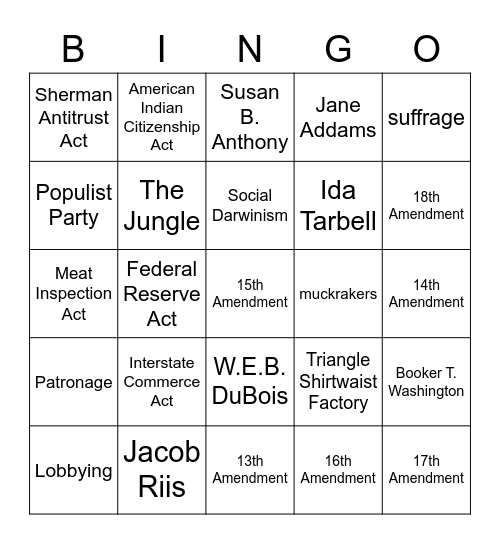 Progressive Era Bingo Card