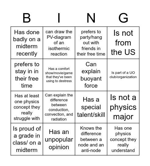 Physics Get-to-Know Bingo Card