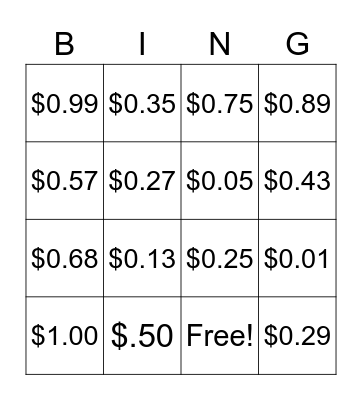 Counting Money Bingo Card