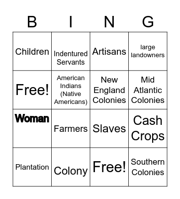 Thirteen Colonies Vocabulary Bingo Card