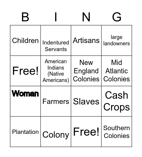 Thirteen Colonies Vocabulary Bingo Card