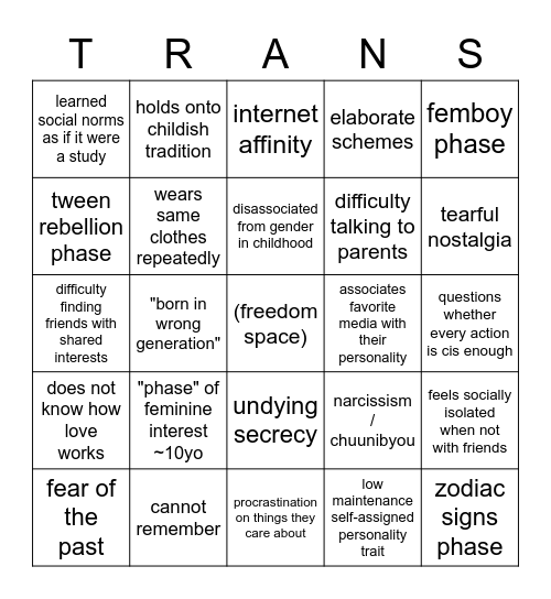 Transfem Bingo Card