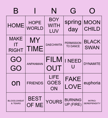 BTS SONGS Bingo Card