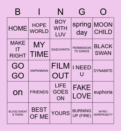 BTS SONGS Bingo Card