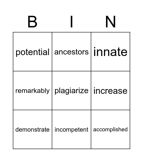 vocab Bingo Card