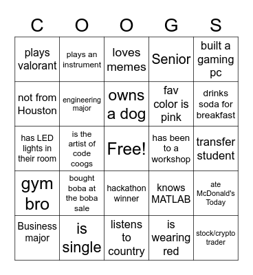 CODE COOGS ORIENTATION Bingo Card