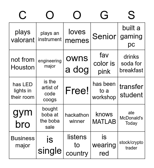 CODE COOGS ORIENTATION Bingo Card