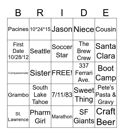 Katie's Bridal Shower 7/18/15 Bingo Card