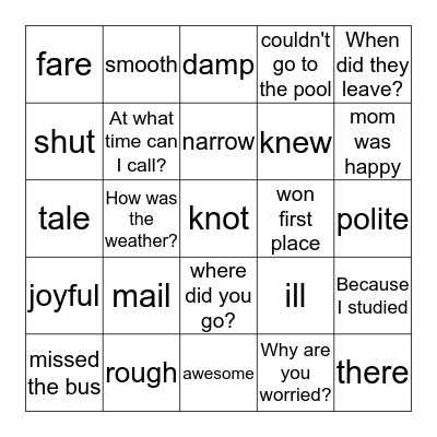 Grammar bingo  Bingo Card