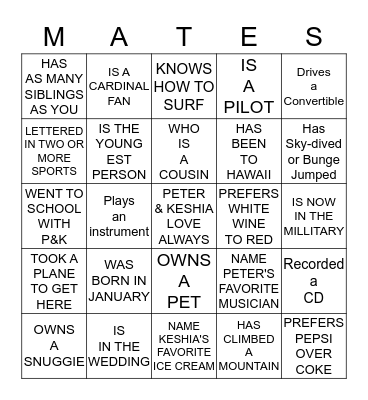 PETER AND KESHIA JEFFERIS Bingo Card