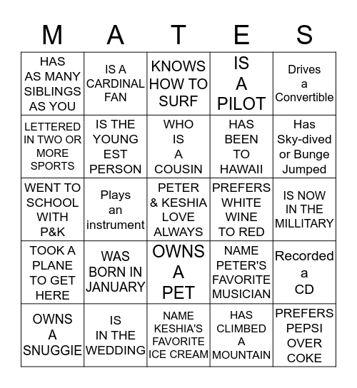 PETER AND KESHIA JEFFERIS Bingo Card
