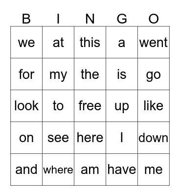 Sight Words Bingo Card