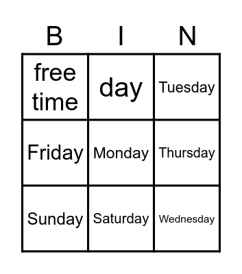 Days of the week Bingo Card