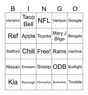 Super Bowl Bingo Card