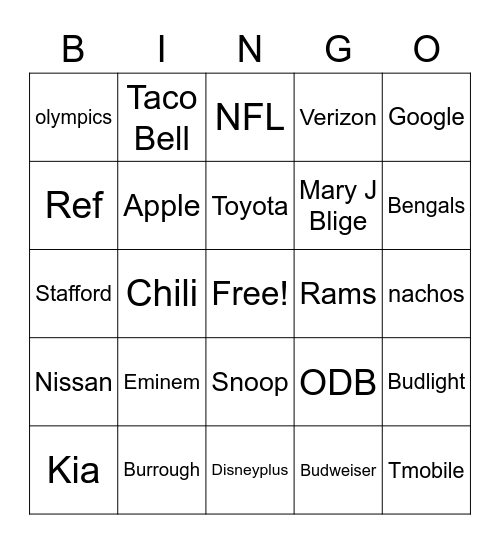 Super Bowl Bingo Card