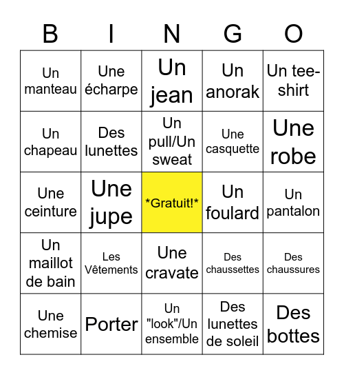 8e: Les Vêtements Bingo Card