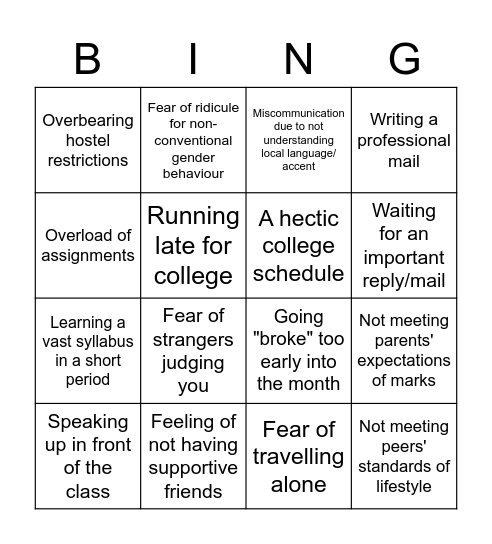 Stressors Bingo Card