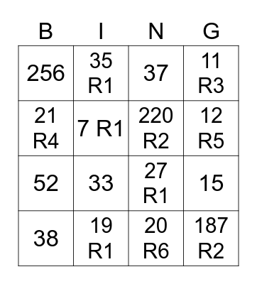 Division Practice Bingo Card