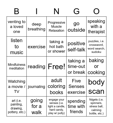 Positive Coping Skills Bingo Card