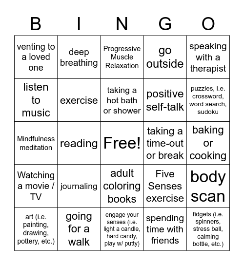 Positive Coping Skills Bingo Card