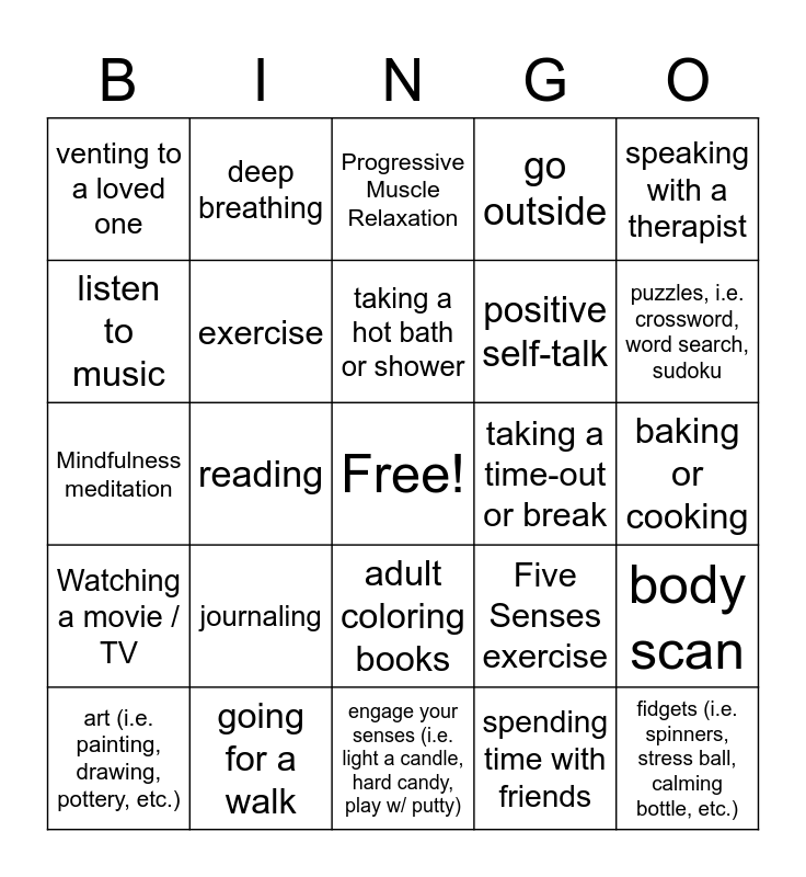 Positive Coping Skills Bingo Card