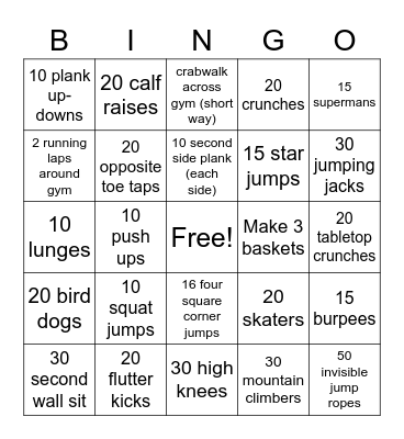 St. James Fitness Bingo, 6-8th grade Bingo Card