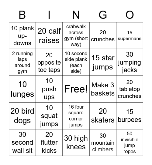 St. James Fitness Bingo, 6-8th grade Bingo Card