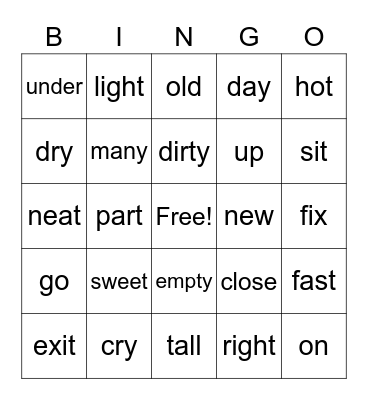 OPPOSITES Bingo Card