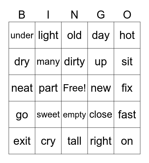 OPPOSITES Bingo Card