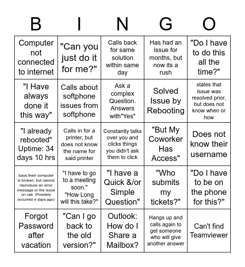 Help Desk Bingo Card