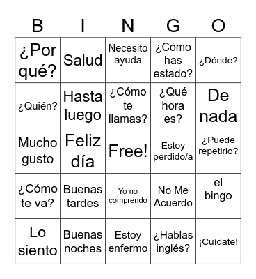 Spanish common phases Bingo Card