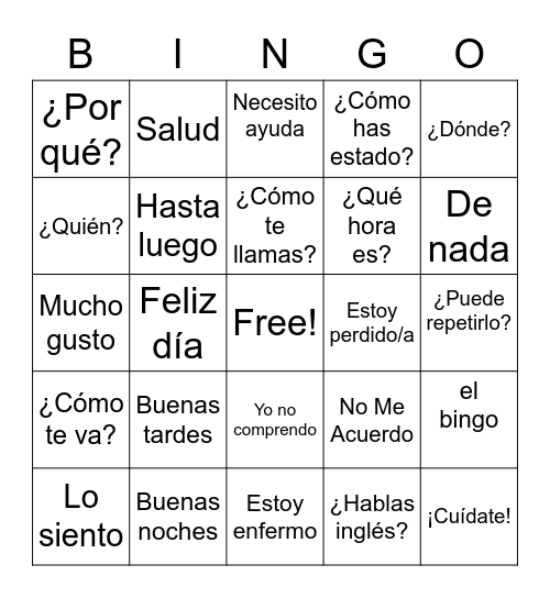 Spanish common phases Bingo Card