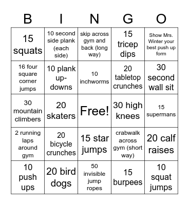 St. James Fitness Bingo, 6-8th grade Bingo Card