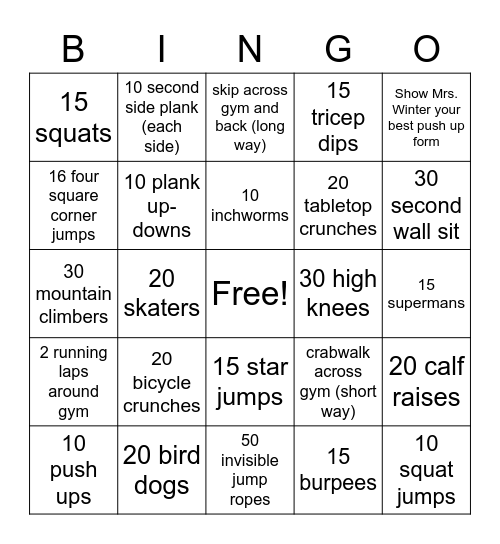 St. James Fitness Bingo, 6-8th grade Bingo Card