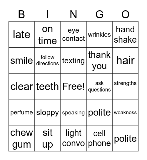 First impressions Bingo Card