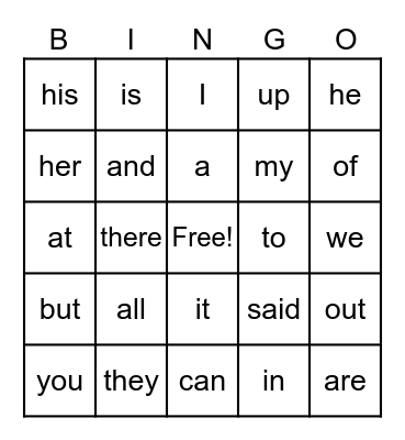 Sight Words Bingo Card