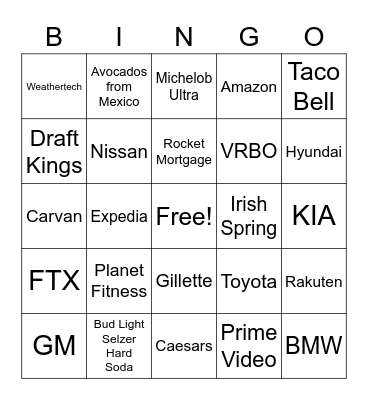 Super Bowl Game Card Bingo Card