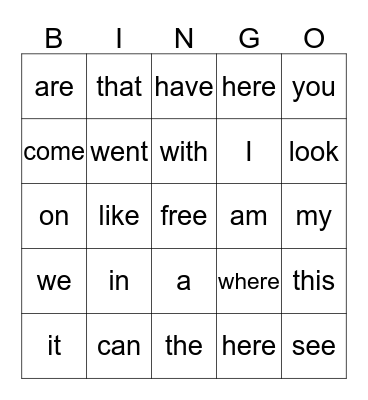 Sight Words Bingo Card