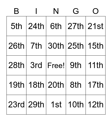 Ordinal numbers Bingo Card