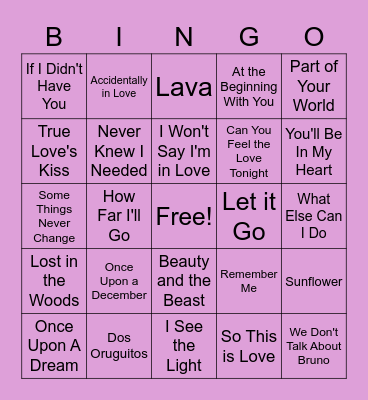 Disney Love Song Bingo Card