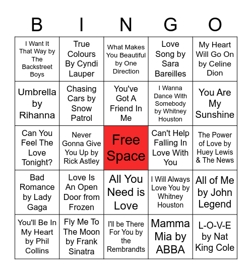 Valentine's Musical Bingo Card