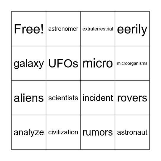 "Are Those Aliens?" Vocabulary Bingo Card