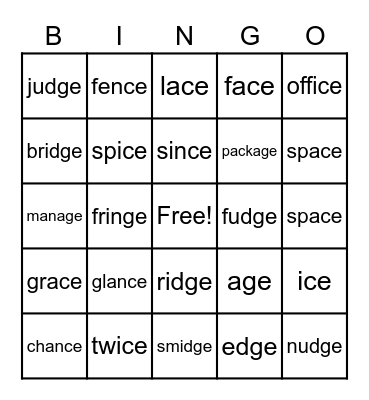 Soft G and C Bingo Card