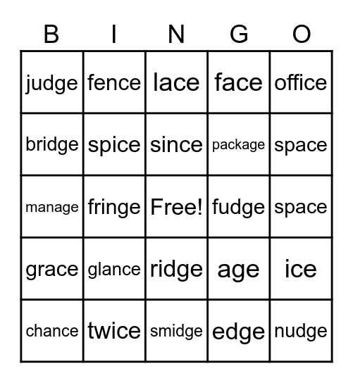 Soft G and C Bingo Card