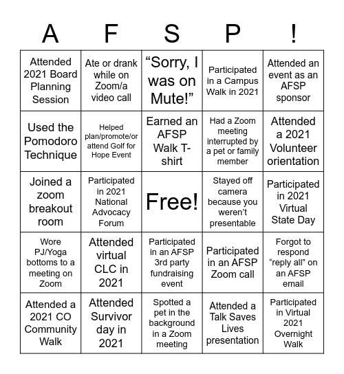 AFSP 2021 Volunteer Life Bingo Card