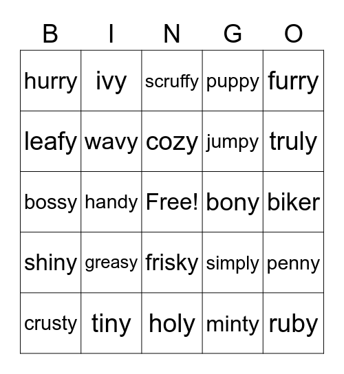 Open Syllables Bingo Card