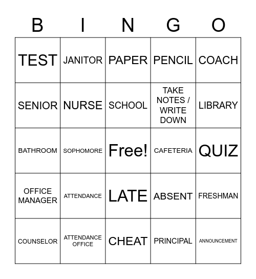 School Signs Bingo Card