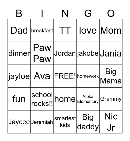 Smith Family Time Bingo Card